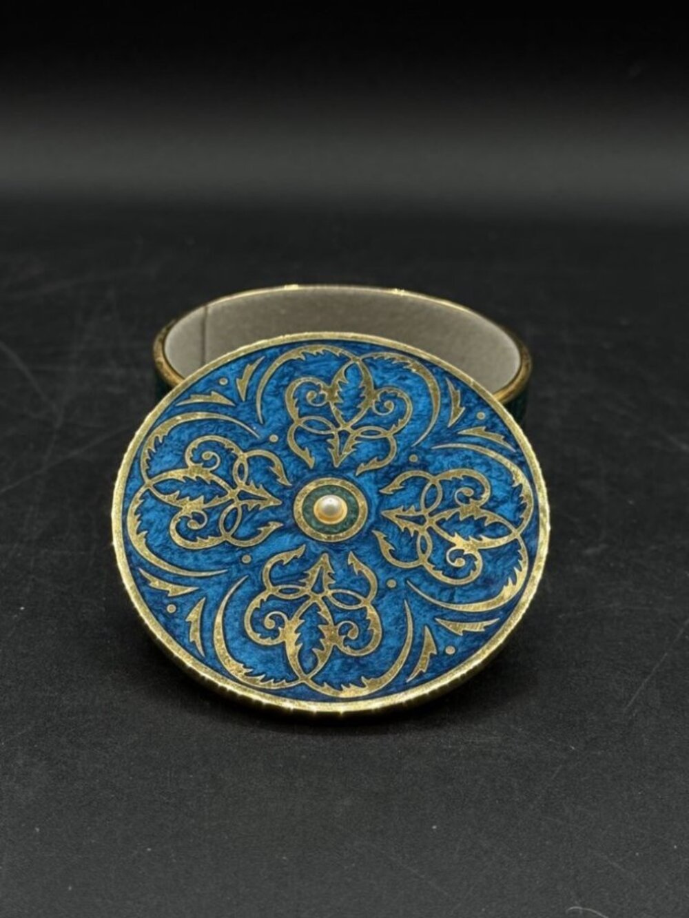 MIKIMOTO Cloisonné Style Jewelry Box Decorative Trinket Case Green Blue Brass